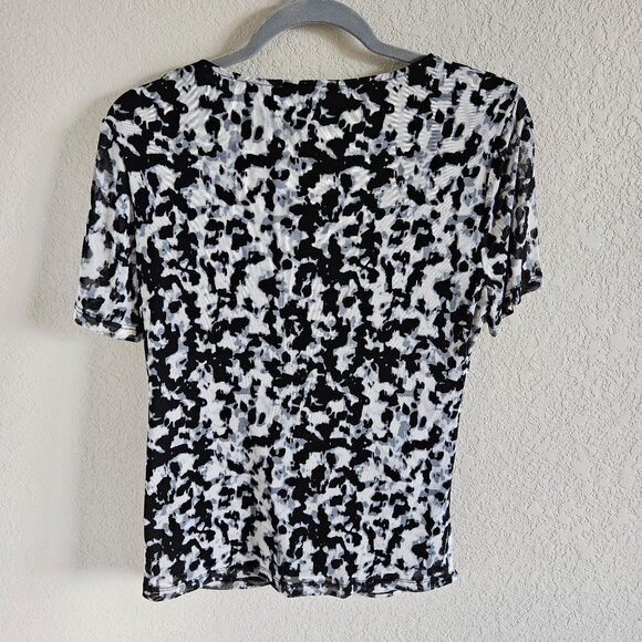 Calvin Klein Woman Size M Blouse V neck Mesh Fabric Lined Ruched Front Art - Picture 2 of 6
